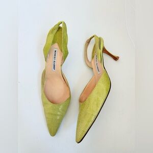 Manolo Blahnik Green Carolyne Lizard Embossed Kitten Heel Slingback Pumps EU41.5